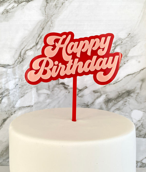 Cake Topper - Groovy Happy Birthday (Red/Blush Acrylic Cake Topper)