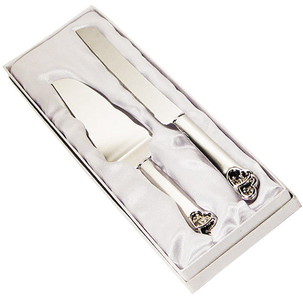 Cake Knife & Server Set  -  Silver with Double Hearts