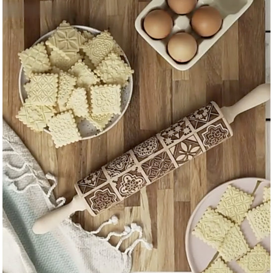 Rolling Pin - Boho Square - Embossed Beechwood Rolling Pin - 13.75 inch