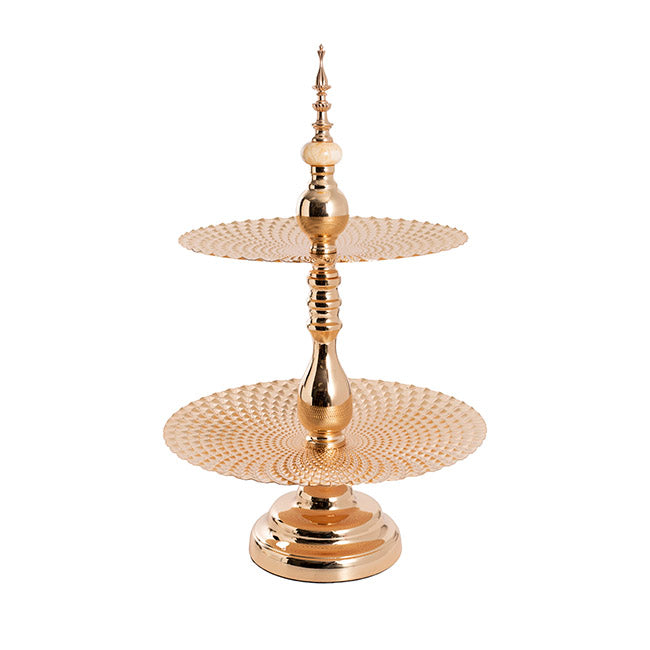 Cake Stand - 2 Tier Cupcake Stand - Textured Gold Metal (38cm D x 58cm H)