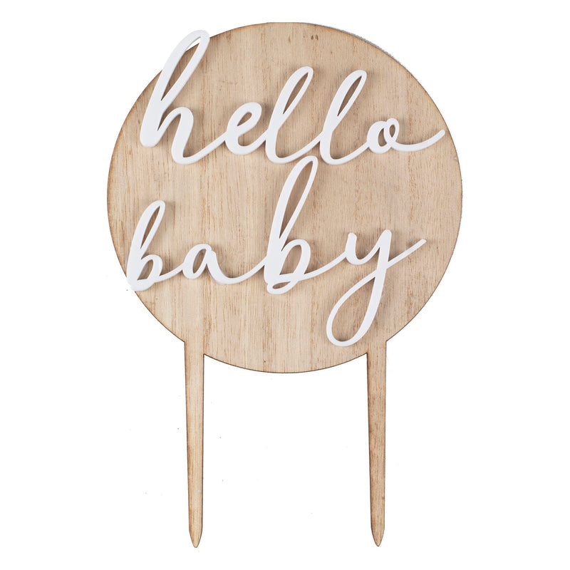 Cake Topper - Hello Baby (White Acrylic on Wood)