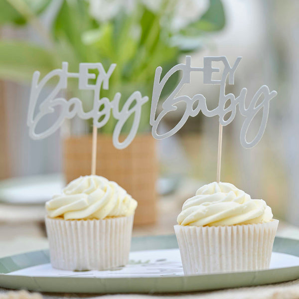 Cupcake Toppers - Hey Baby (Sage Green) 12pk