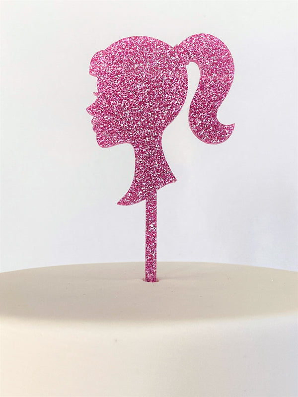 Cake Topper -  Barbie Silhouette - Pink Glitter (Acrylic Cake Topper)