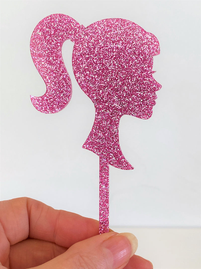 Cake Topper -  Barbie Silhouette - Pink Glitter (Acrylic Cake Topper)