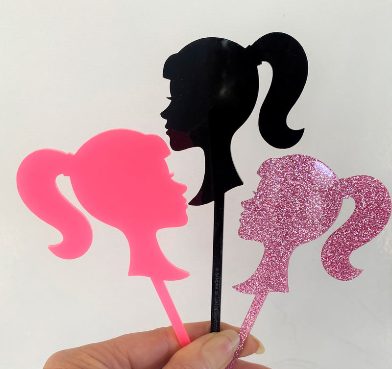 Cake Topper -  Barbie Silhouette - Pink Glitter (Acrylic Cake Topper)