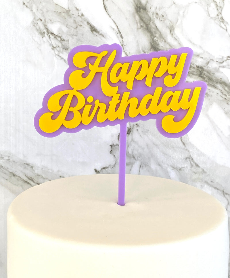 Cake Topper - Groovy Happy Birthday (Mauve/Yellow Acrylic Cake Topper)