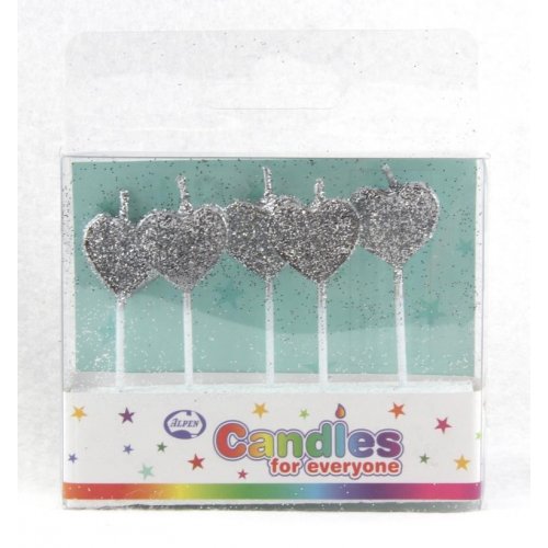 Candles: Silver Glitter Hearts 5pk