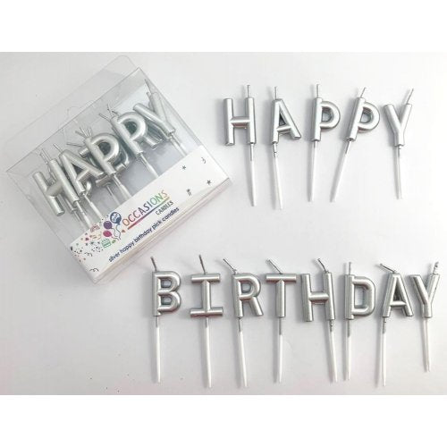 Candles: HAPPY BIRTHDAY Silver Metallic 13pc set