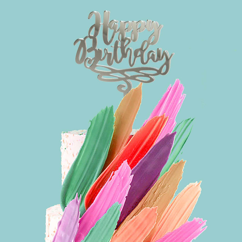 Cake Topper - Happy Birthday - Silver Mirror Acrylic