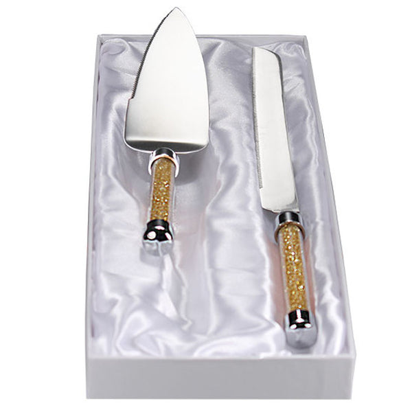Cake Knife & Server Set  -  Gold with Crystal Handles