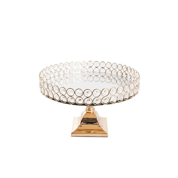 Cake Stand - 12 inch Gold & Crystal Cake Pedestal (Round Top / Square Base)