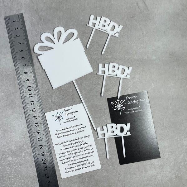 Cake Topper Set - HBD! Gift (White Happy Birthday & Gift Box) 4 pc Set