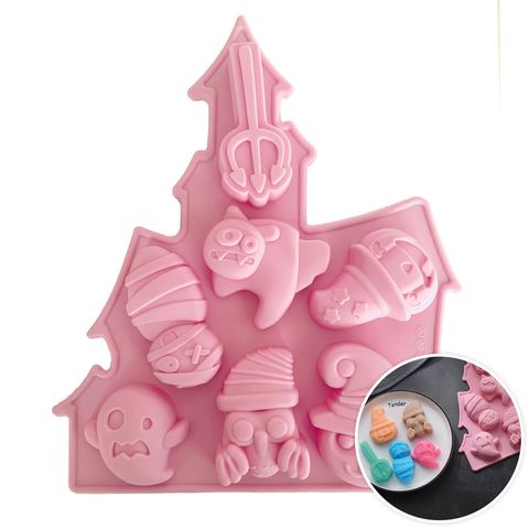 Silicone Chocolate Baking Mould - Halloween Haunted House (ghost, mummy, skull, cat, pitchfork, jack-o-lantern, witch)