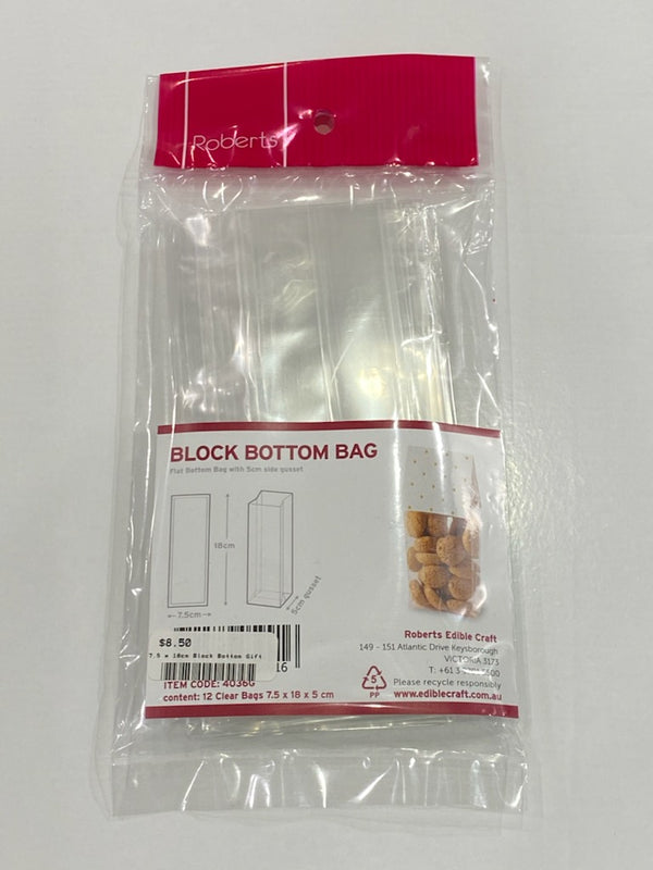 Gift Bags - Bulk Clear Block Bottom Cookie Bag 7.5 x 18cm with 5cm base - 100pk