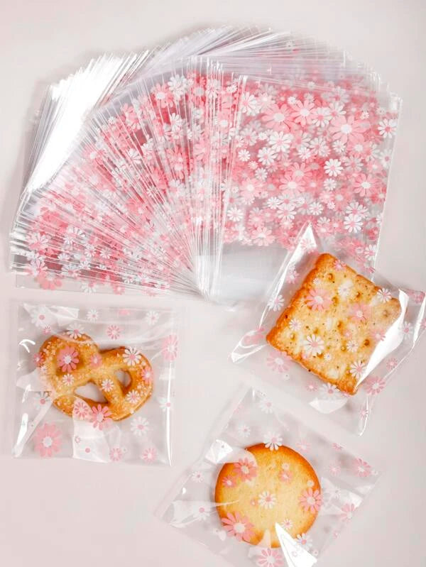 Gift Bags - Pink & White Daisies Clear Cookie Bag - 7x10cm - 100pk