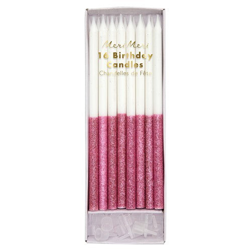 Candles - Hot Pink Glitter Dipped Candles 16pk by Meri Meri