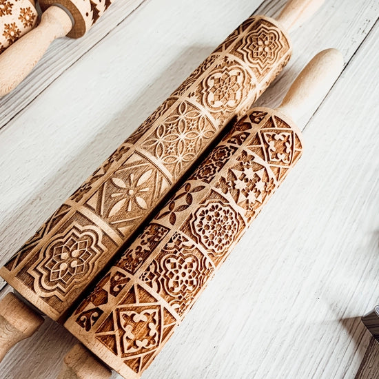 Rolling Pin - Boho Square - Embossed Beechwood Rolling Pin - 13.75 inch