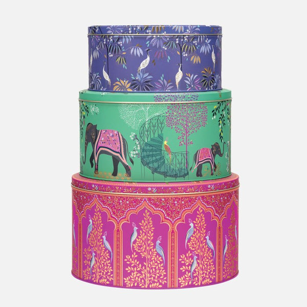 Cake Storage Tin - India (Green Elephants) 22cm (Medium) Round - by Sara Miller London