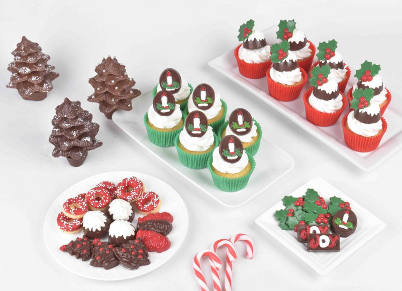 CHRISTMAS CUPCAKE WREATH CHOCOLATE MOULD - HOLLY, CANDY CANE, BELL, SANTA, TREE