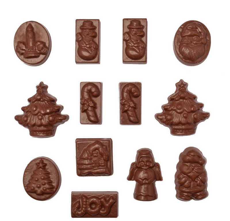 CHRISTMAS SHAPES CHOCOLATE MOULD - JOY, TREE, SNOWMAN, CANDY CANE, CANDLE, ANGEL