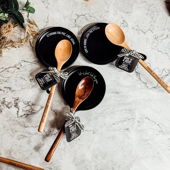 Wooden Spoon & Spoon Rest Set - Lick the Spoon/Stir The Pot/Homemade with Love