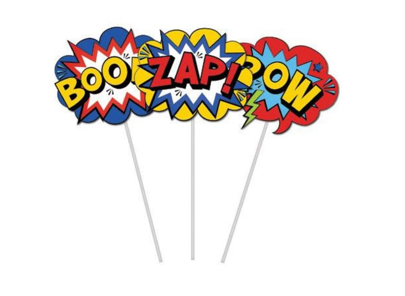 Super Hero Comic Words Cake Topper Picks (3pk)